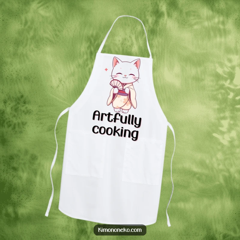 Funny white cat in a delicate kimono, holding a fan. Humorous apron for elegant cooking.