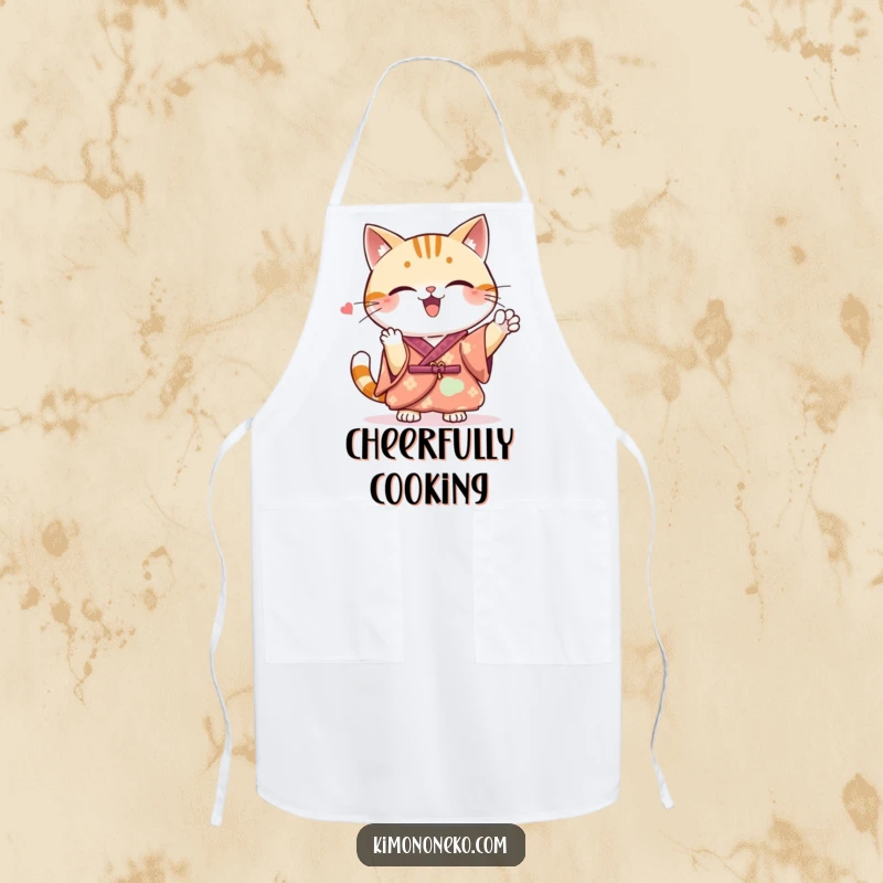 Funny Kawaii cat wearing a kimono apron, cheering spiritedly, a humorous and practical kitchen accessory.