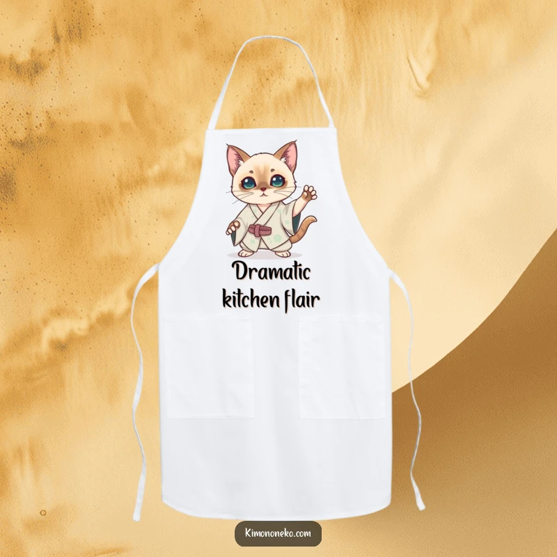 Funny kawaii Siamese cat in a silk kimono striking a dramatic pose on a kitchen apron, merging humor with anime drama.
