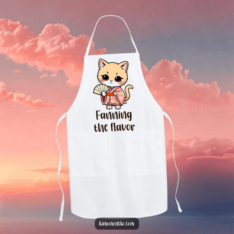Funny Kawaii cat wearing a floral kimono apron, posing with a fan, a humorous kitchen accessory.
