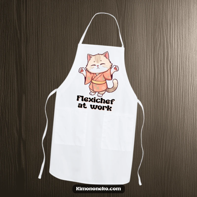 Funny apron depicting a fluffy cat in a floral kimono stretching gracefully, ideal for humorous and calming kitchen moments.