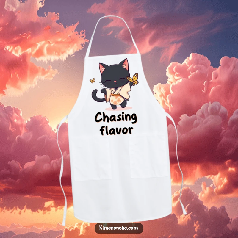 Funny black cat apron, a black cat in a simple kimono playfully chasing a butterfly, kitchen funny gift.