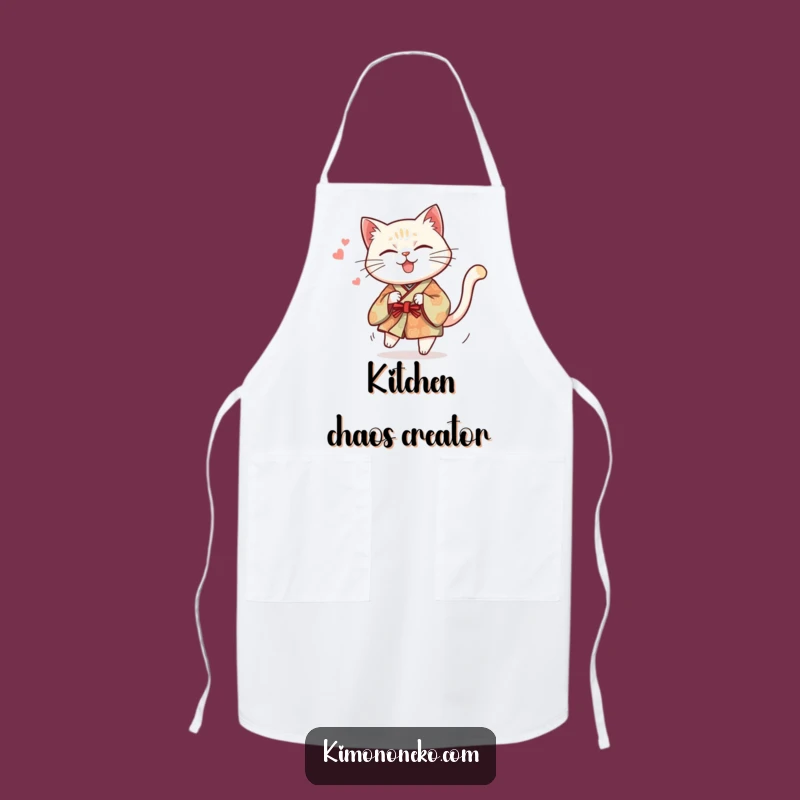 Funny Cat Kimono Apron: Mischievous Kitty Tail Chase - Kitchen Shenanigans