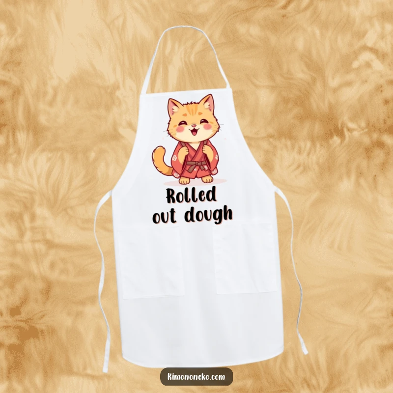 Funny ginger cat in a casual kimono doing a happy roll, on a fun and functional kitchen apron.