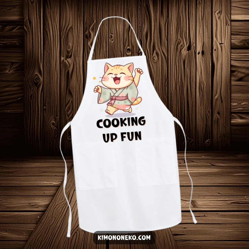 Funny Joyful Cat Kimono Apron showing a happy cat in vibrant attire in a silly chase, perfect for kitchen fun.