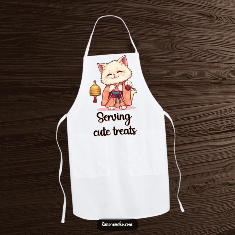Funny apron illustrating a fluffy kawaii cat wearing a kimono, playfully swatting at a bell, ideal for kitchen use with charm.