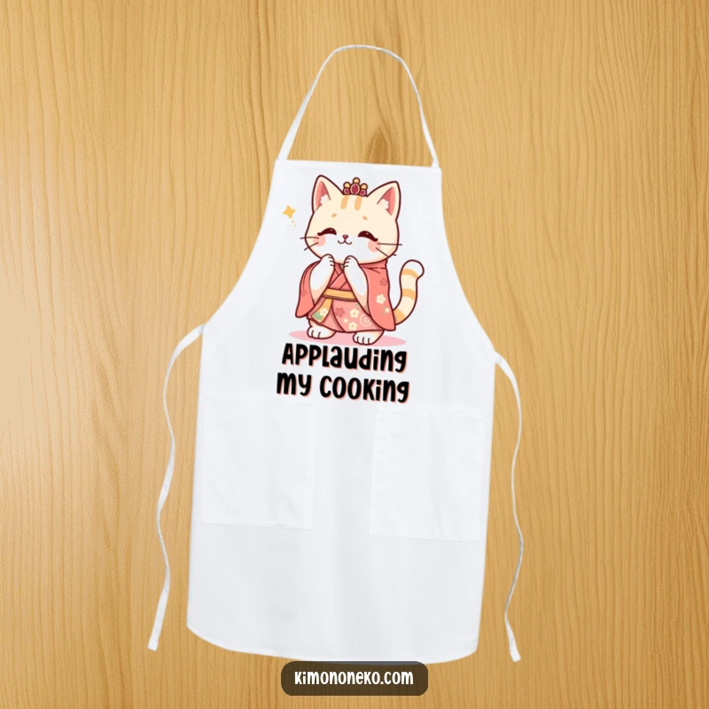 Funny Kawaii cat in a festive kimono, enthusiastically clapping its paws, functional and festive kitchen attire.