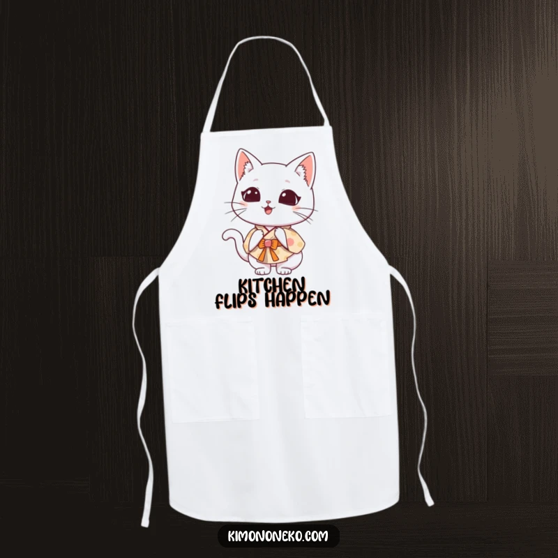 Funny Kawaii cat in a whimsical kimono, doing a clumsy somersault, functional and amusing kitchen wear.