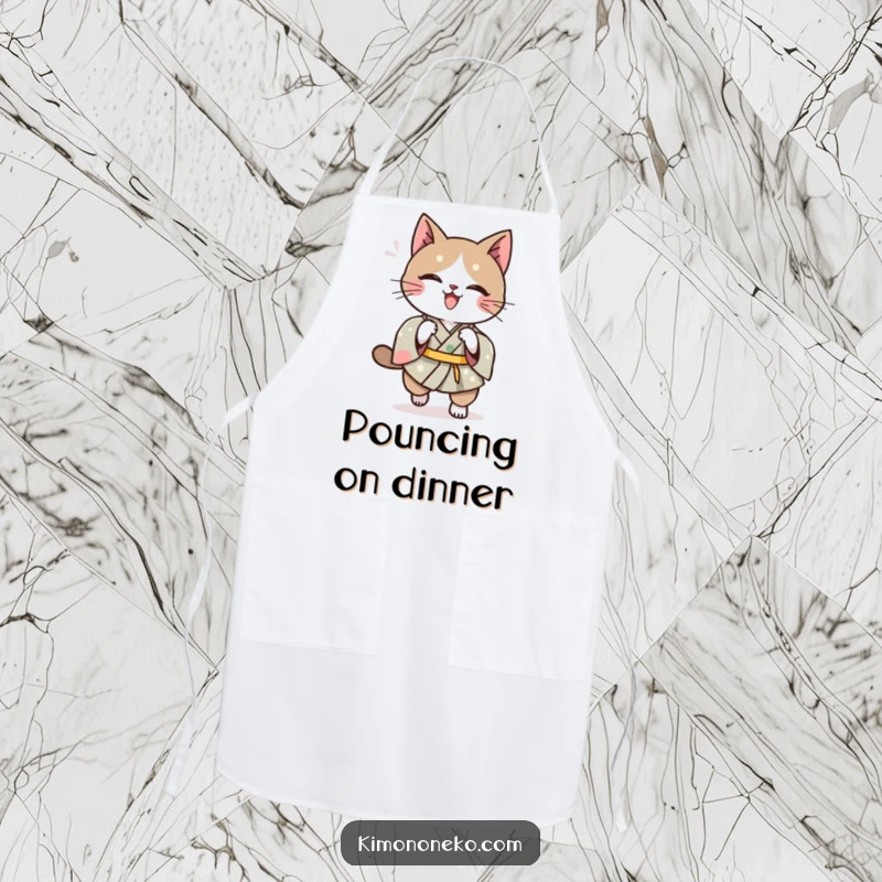 Funny Kawaii cat wearing a kimono apron, doing a playful pounce, a humorous kitchen accessory.