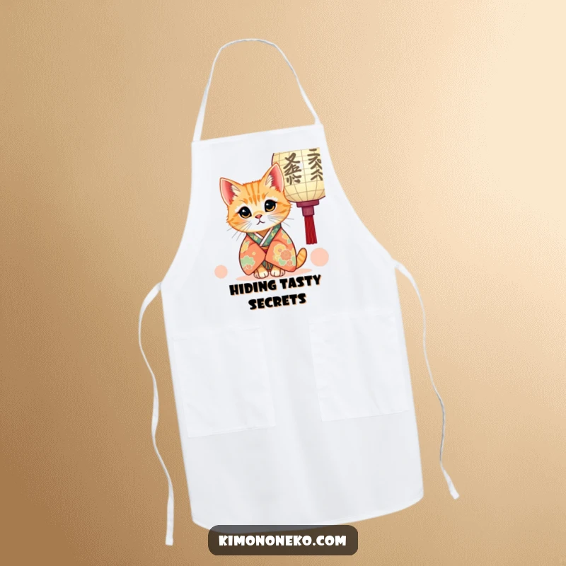 Funny apron illustrating a kawaii ginger cat wearing a kimono, curiously peeking from behind a paper lantern, ideal for kitchen use with charm.