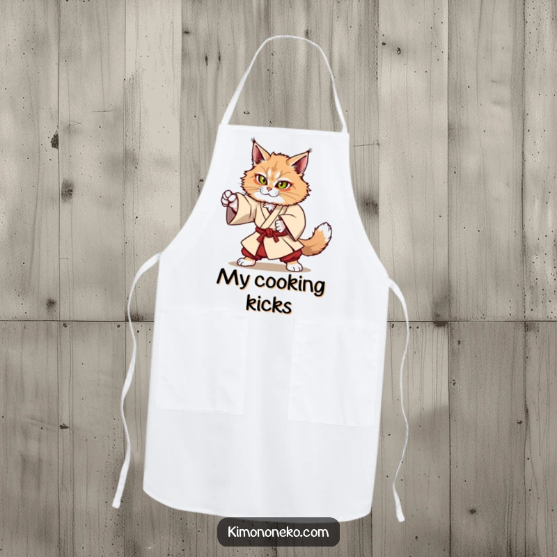 Funny Kawaii Maine Coon cat in sturdy kimono attempting a martial arts move, strong anime apron, gift.