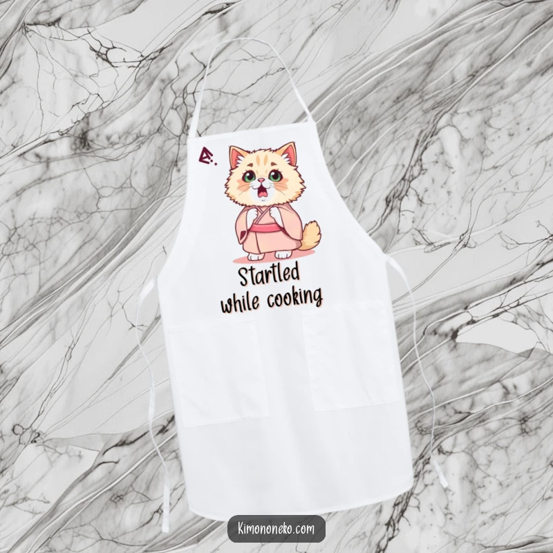 Funny Kawaii Persian Cat Apron: A startled cat chef in a fancy kimono reacts humorously to a kitchen noise, bringing fun to cooking.