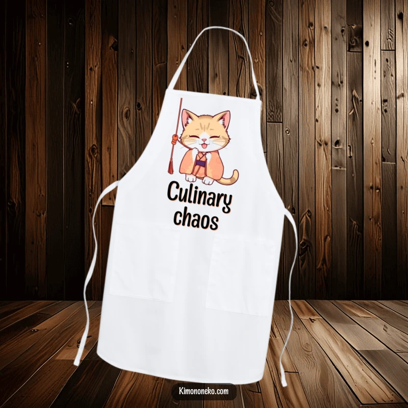 Funny apron depicting a mischievous cat in a patterned kimono, batting at a dangling silk cord, ready for kitchen antics with a humorous flair.
