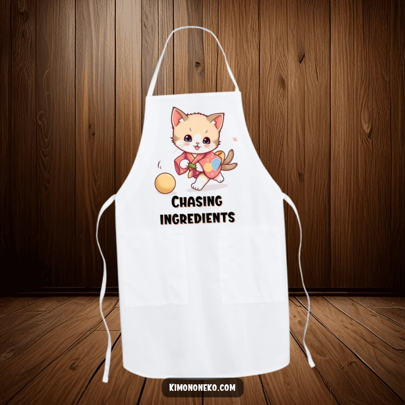 Funny playful kitten kimono apron, showing a kitten chasing a ball, perfect for kitchen duties with a touch of vibrant feline humor.