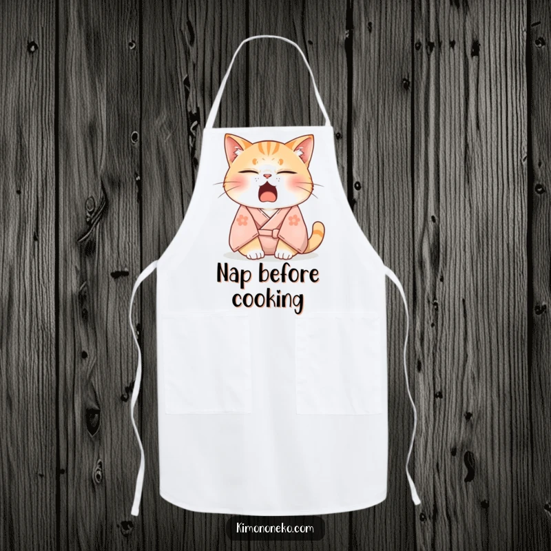 Funny apron depicting a sleepy cat in a soft kimono, yawning adorably with half-closed eyes, adding humorous charm to your kitchen attire.
