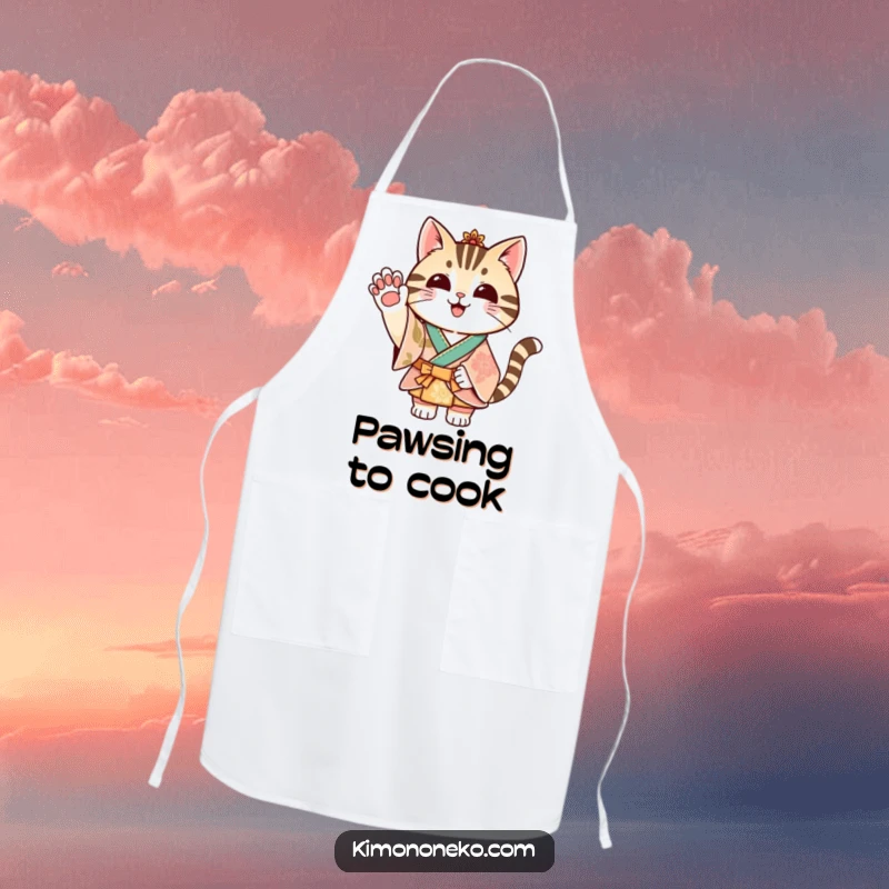 Funny striped cat in a festive kimono waving its paw, on a cheerful and functional kitchen apron.