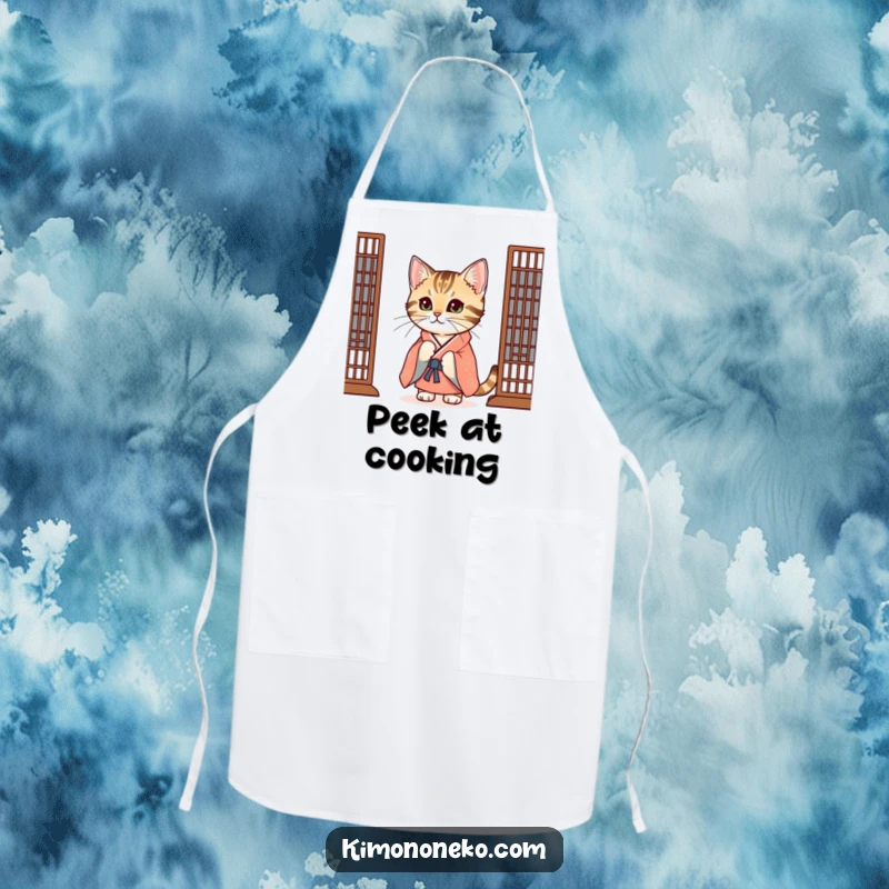 Funny Tabby Cat Apron: A curious tabby cat in a festive kimono peeks from behind a screen, adding playful flair to cooking.