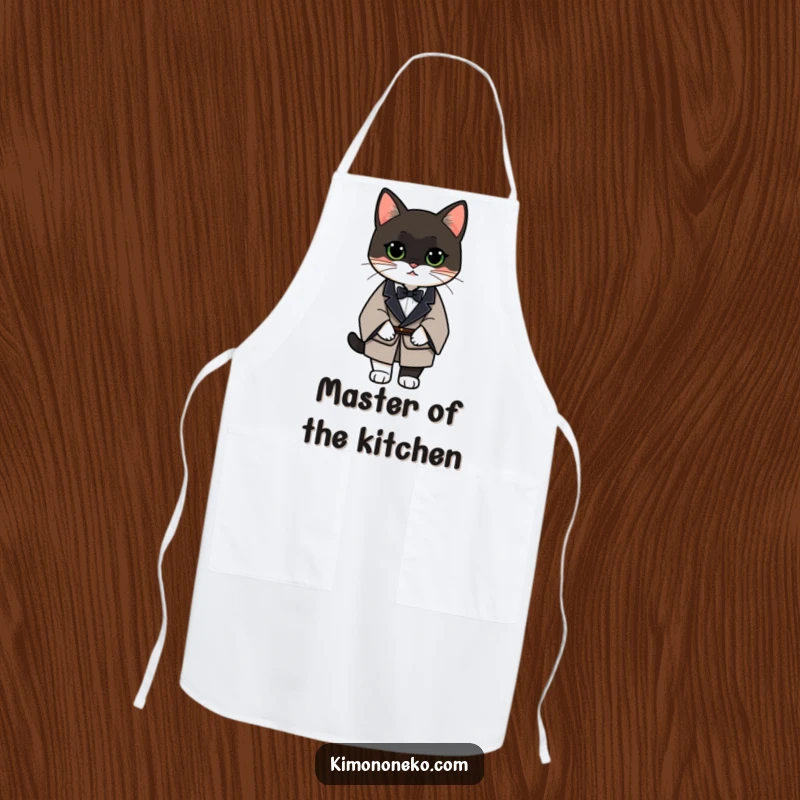 Funny Tuxedo Cat Apron depicting a dapper cat in a formal kimono, ready to make your kitchen tasks more elegant and amusing.
