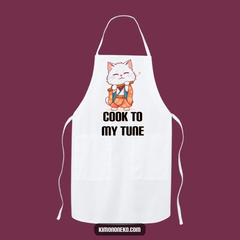 Funny White Cat Kimono Apron: Chef Kitty, Musical Cook, Kitchen Fun Gift