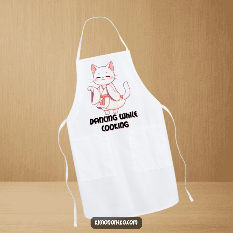 Funny White Cat Kimono Apron: A Kawaii white cat in a flowing kimono twirling gracefully, perfect for cooking with humor.