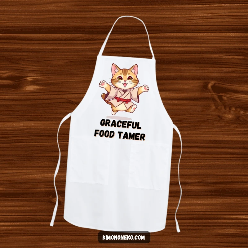 Funny Kimono Cat Apron: A tabby cat in a formal kimono performing a funny leap, ready for kitchen adventures.