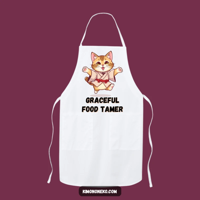 Funny Kimono Cat Apron: Culinary Tabby Performing a Funny Leap