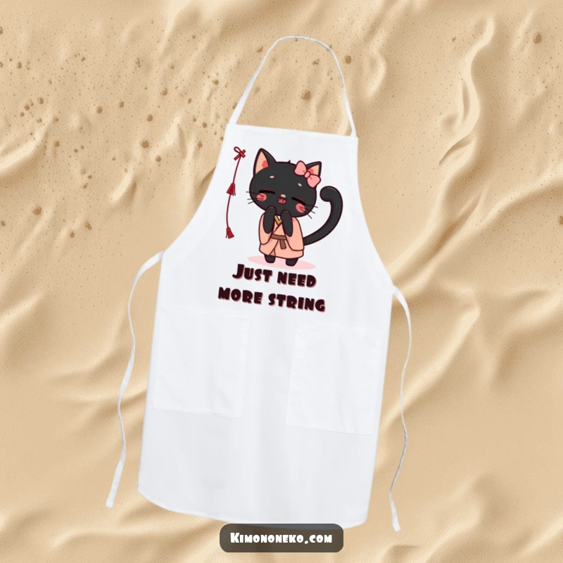 Funny Kawaii black cat in a kimono, playfully batting at a string, printed on a kitchen apron for humorous cooking sessions.