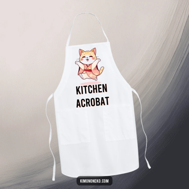 Funny apron depicting a playful cat in a festive kimono attempting a jump, perfect for energetic and humorous cooking.