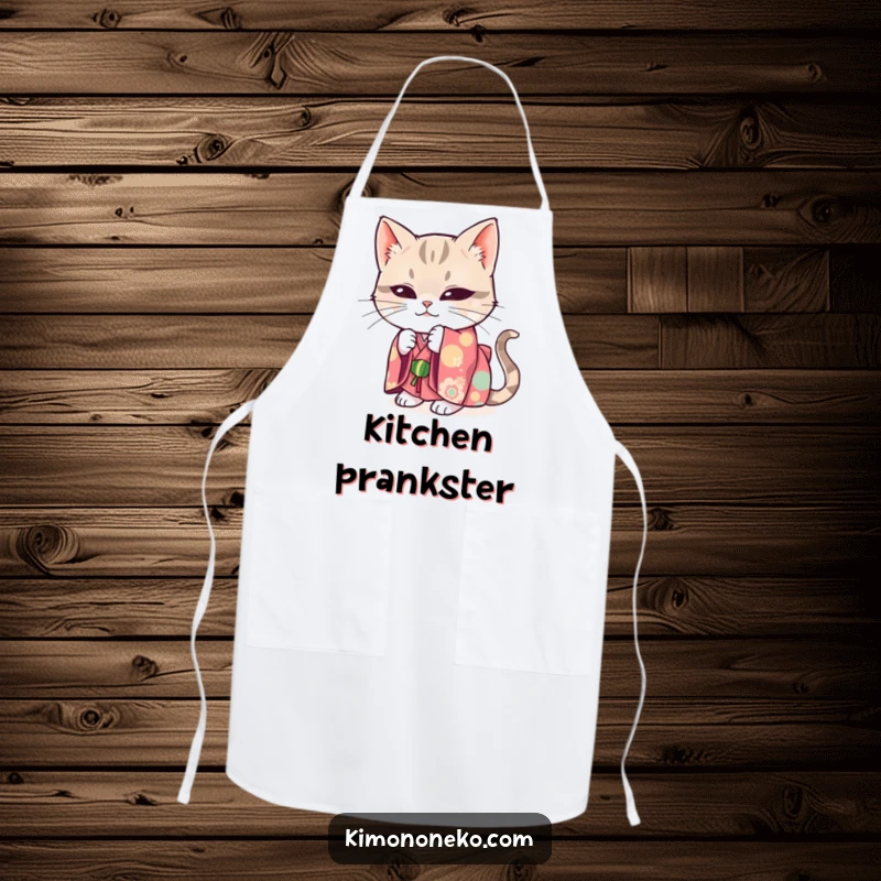 Funny apron showing a mischievous cat in a bright kimono, hiding playfully.
