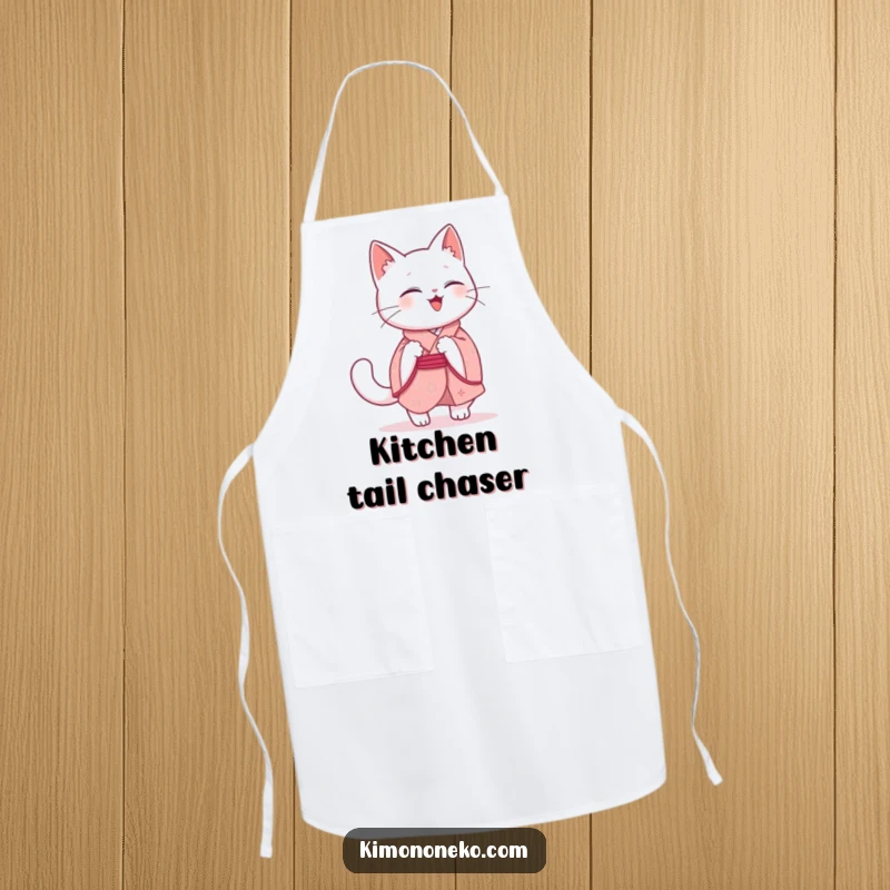 Funny Kawaii Cat Apron: A giggling white cat chef in a pink kimono playfully chases its tail, bringing humorous charm to the kitchen.