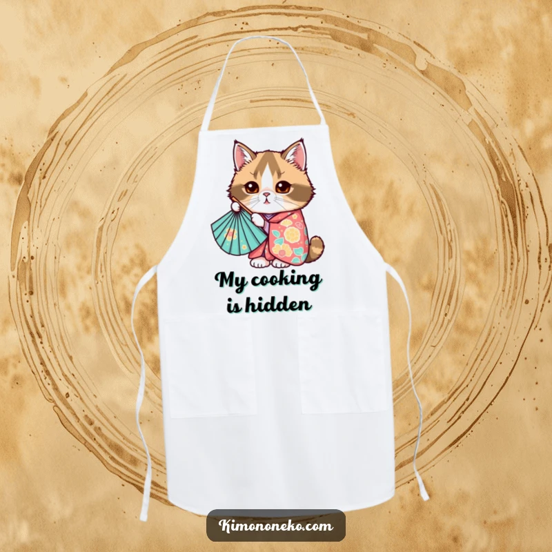 Funny Kawaii Scottish Fold cat in colorful kimono peeking behind fan, cute anime apron, gift.