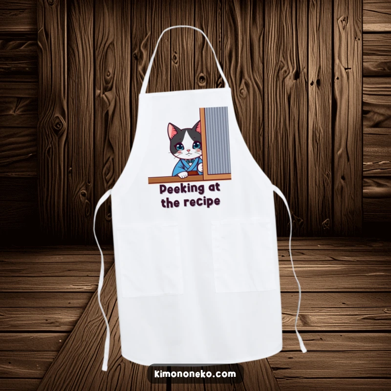 Funny curious kawaii tuxedo cat in a blue kimono, peeking from behind a screen, on a practical kitchen apron.