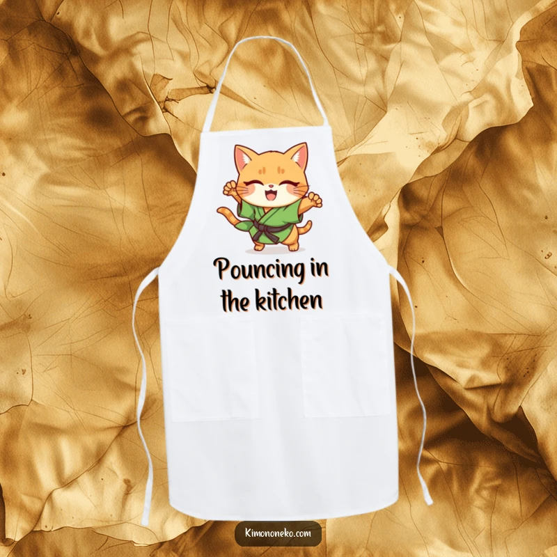 Funny ginger cat in green kimono, performing a sudden pounce, kawaii style apron.