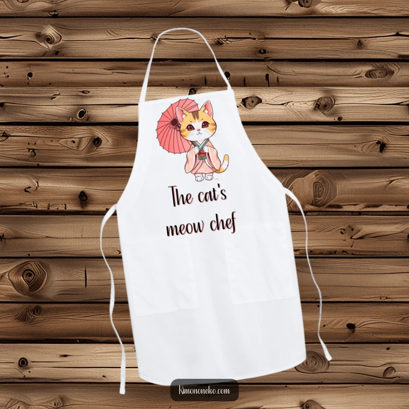 Funny Calico Cat Apron with a sophisticated cat in a kimono, ready to assist in the kitchen with a touch of humor.