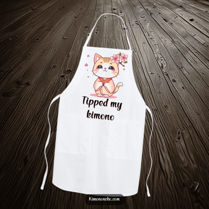 Funny Kawaii Kimono Cat Apron: A surprised kitty in a kimono, reacting to a cherry blossom, is a great funny gift for cooks.