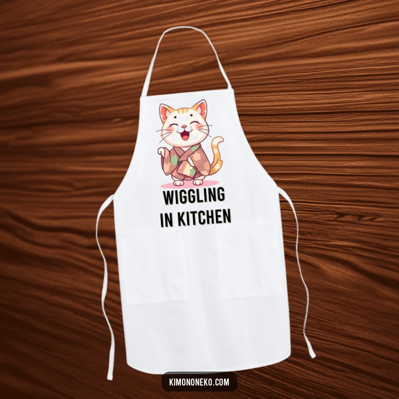 Funny happy cat in a colorful kimono wiggling its tail, on a cheerful and functional kitchen apron.