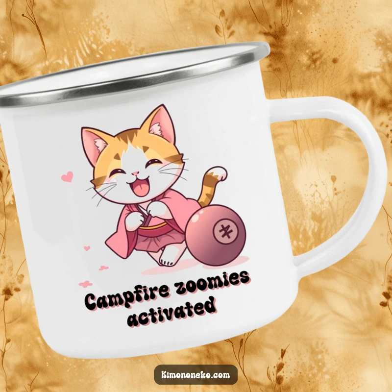 Funny kawaii calico cat in a pink kimono, chasing a rolling ball, on a rugged camping mug, for spirited outdoor humor.