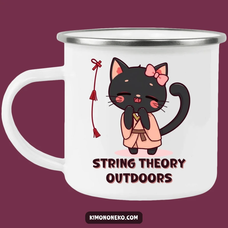 Durable Funny Kawaii Black Cat Kimono Camping Mug: Playful Batting String Outdoor Coffee Cup Gift