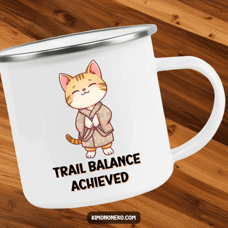 Funny Kawaii tabby cat in a patterned kimono, balancing on its hind legs, on a sturdy camping mug for outdoor fun.