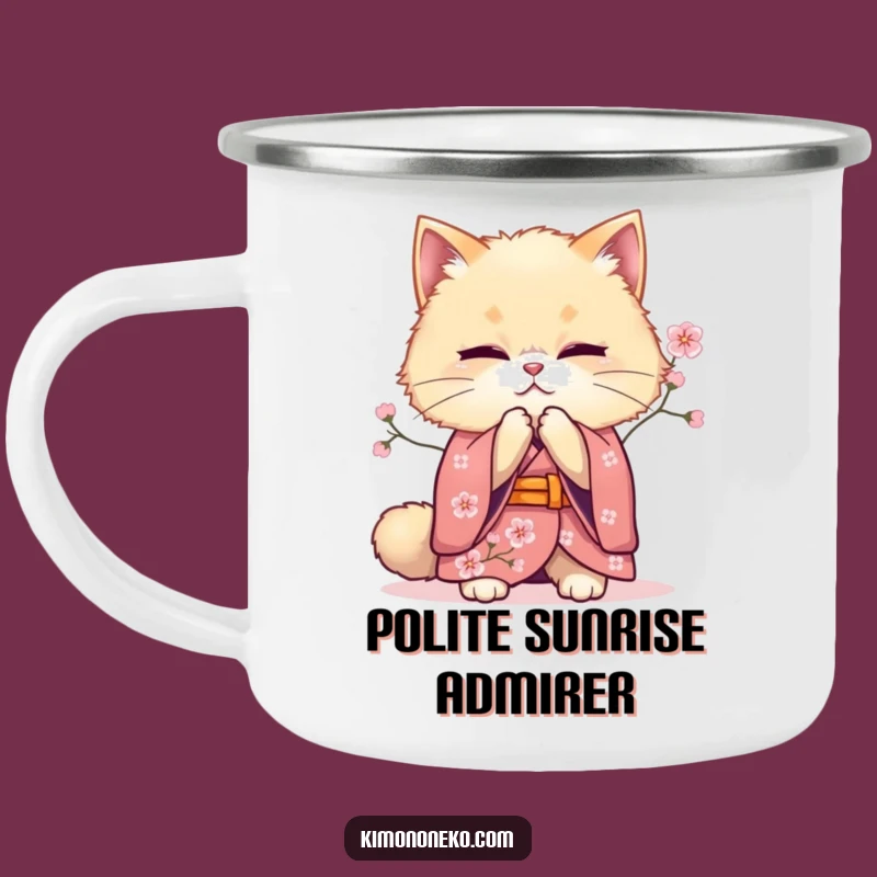 Funny Bowing Cat Kimono Camping Mug: Feline Grace Outdoors, Perfect Funny Gift for Campers