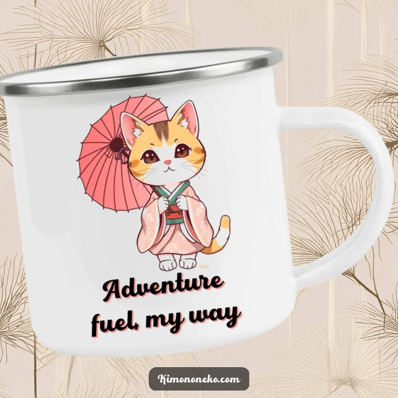 Funny Calico Cat Camping Mug featuring a chic cat in a kimono, holding a parasol. Ideal for rugged adventures with a touch of humor.