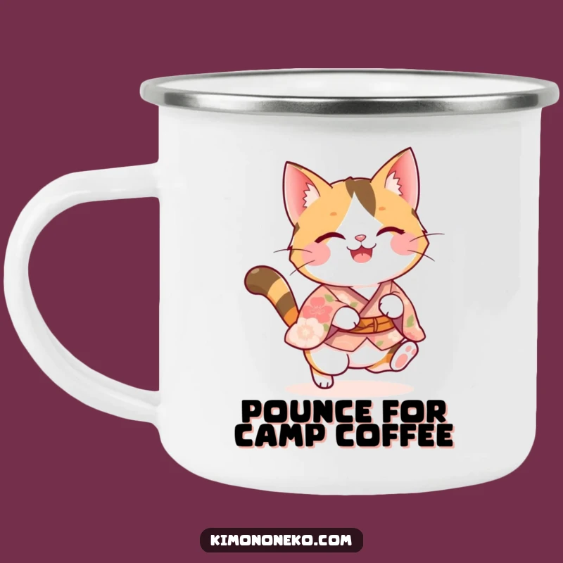 Funny Calico Cat Pounce Camping Mug: Durable Kawaii Kitty in Floral Kimono - Adventure Gift!