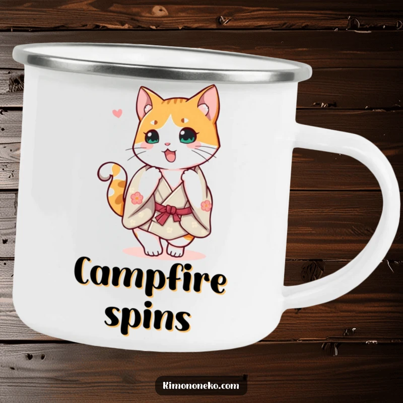 Funny Calico Cat Kimono Camping Mug: A cheerful calico cat in a kimono doing a happy spin, perfect for adventurers.