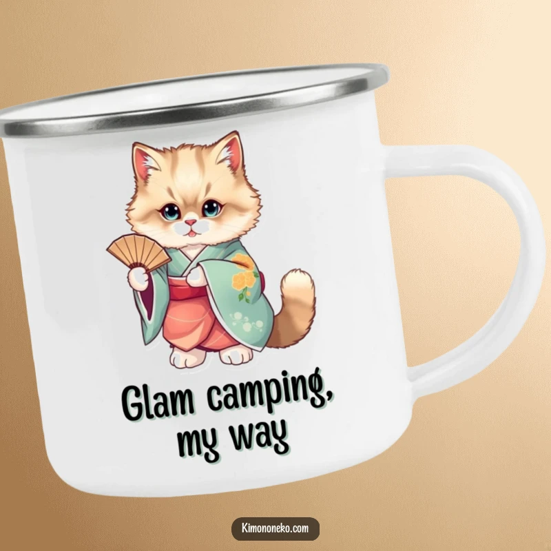 Funny enamel camping mug featuring a fluffy cat in a vibrant kimono holding a fan.