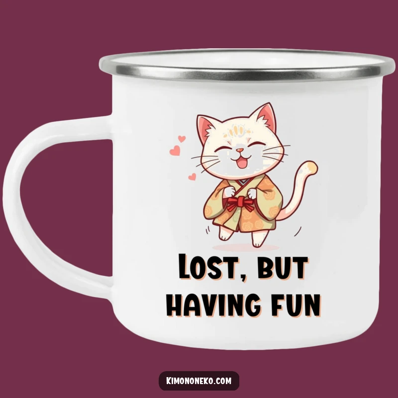 Funny Cat Kimono Camping Mug: Mischievous Kitty Tail Chase - Adventure Fuel
