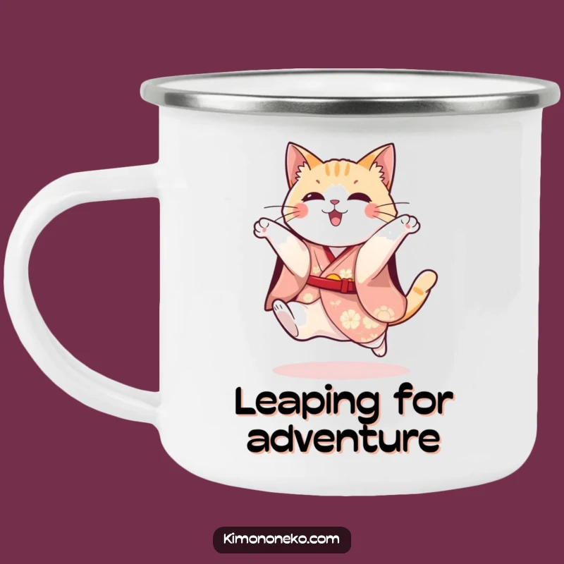 Funny Cat Kimono Camping Mug: Playful Kitty Festive Jump - Adventure Jumps