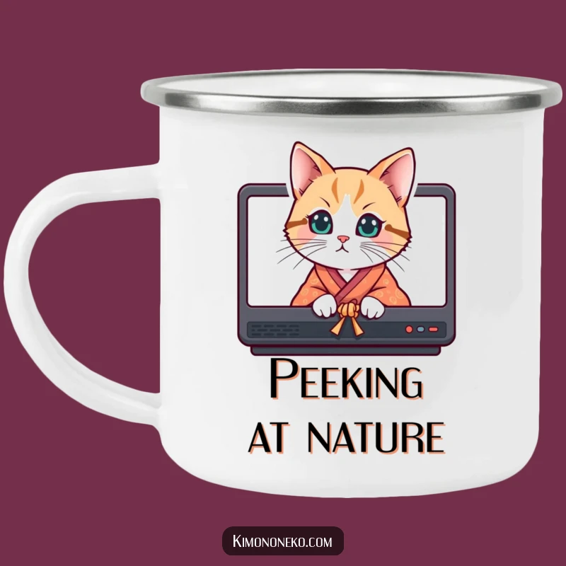 Funny Curious Cat Kimono Camping Mug - Adventure with a Peek!