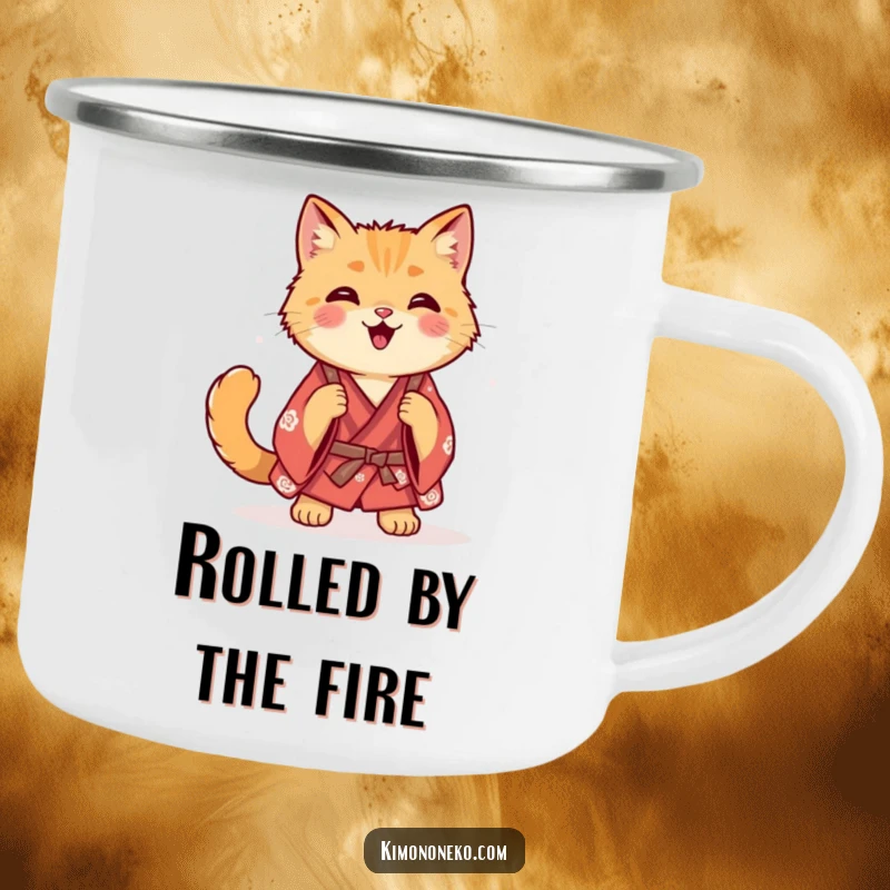 Funny ginger cat in a casual kimono doing a happy roll, on a durable camping mug.