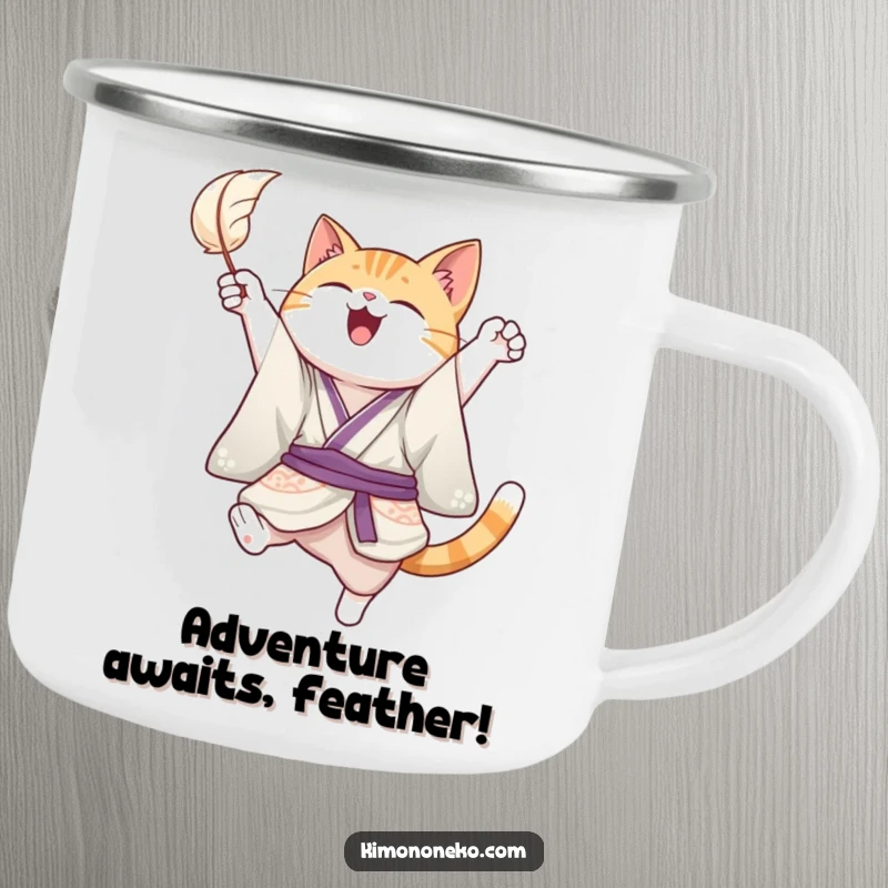 Funny camping mug illustration of a joyful cat in a kimono, leaping playfully to catch a floating feather, ready for outdoor fun and laughter.