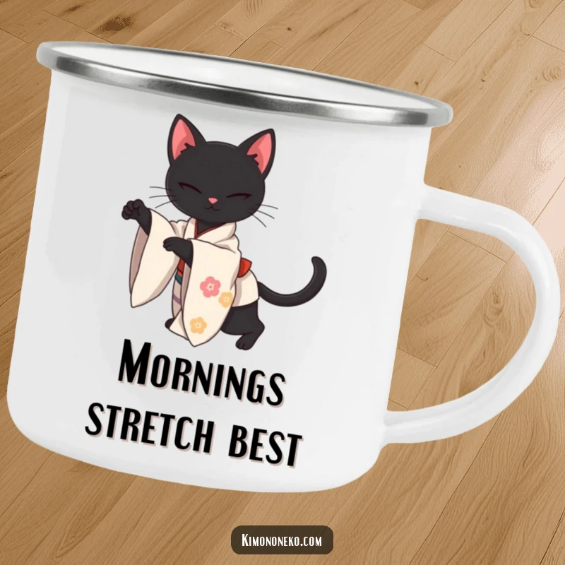Funny camping mug showcasing a sleek kawaii black cat in a kimono, stretching with elegant grace, ideal for outdoor serenity.
